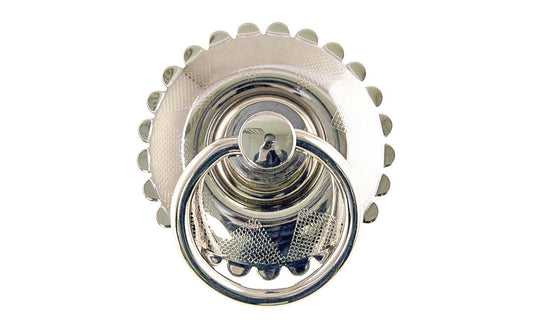 Solid Brass Large Drop Ring Pull with intricate backplate for vintage cabinets